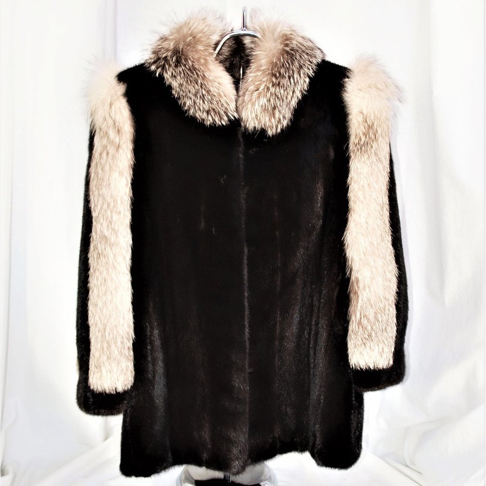 Stunning Very Dark Brown Mink and Gray Fox Fur Jacket